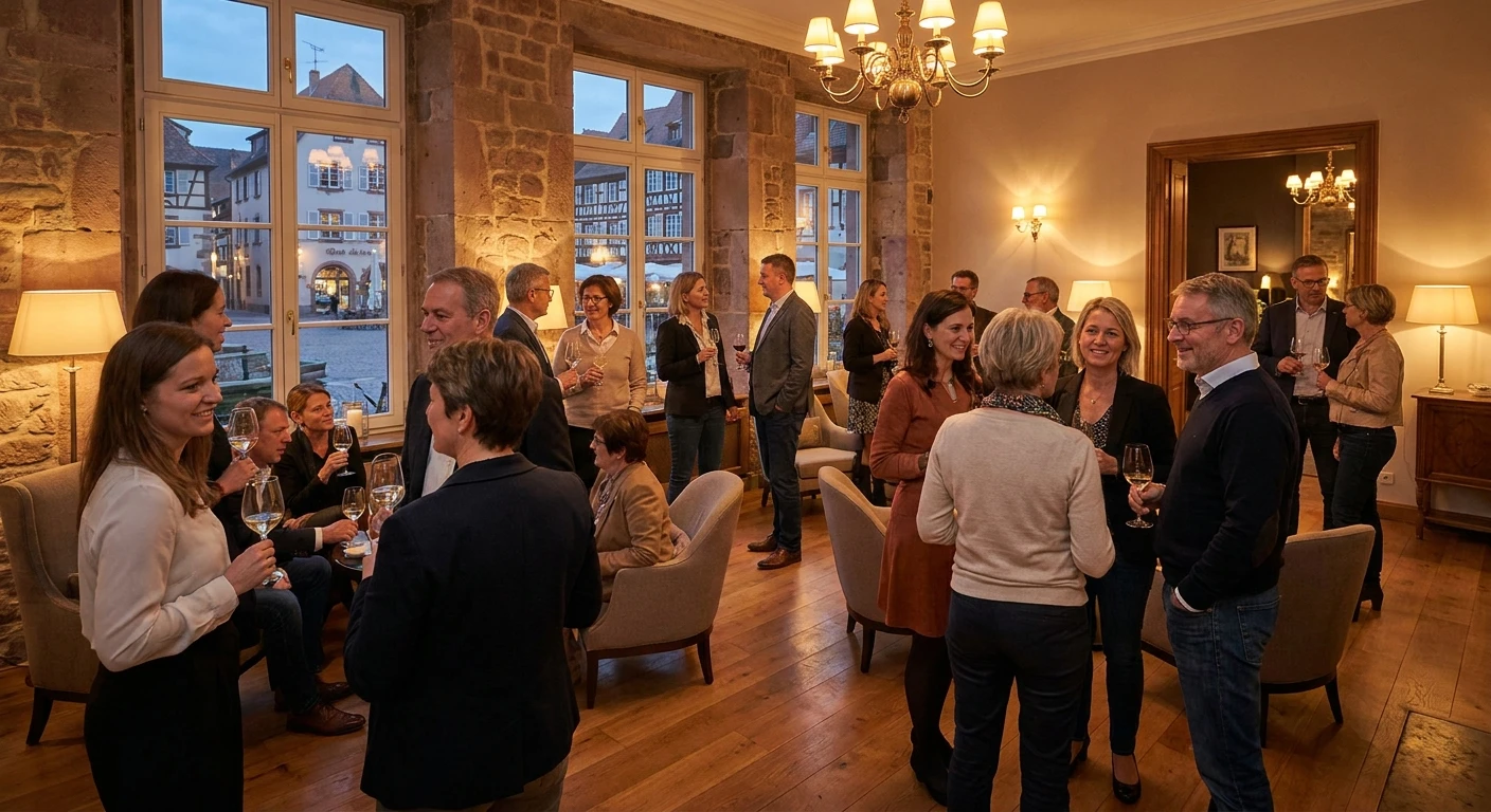 Photographie d'un événement de rencontre en intérieur (club ou salle d'événement), montrant un groupe de personnes adultes se rencontrant et discutant de manière décontractée et conviviale dans une ambiance chaleureuse et professionnelle. L'image doit capturer l'essence d'une rencontre sérieuse et de qualité, sans mettre l'accent sur un couple en particulier, mais plutôt sur l'atmosphère inclusive et accessible de l'événement. Éclairage tamisé professionnel, décoration élégante.