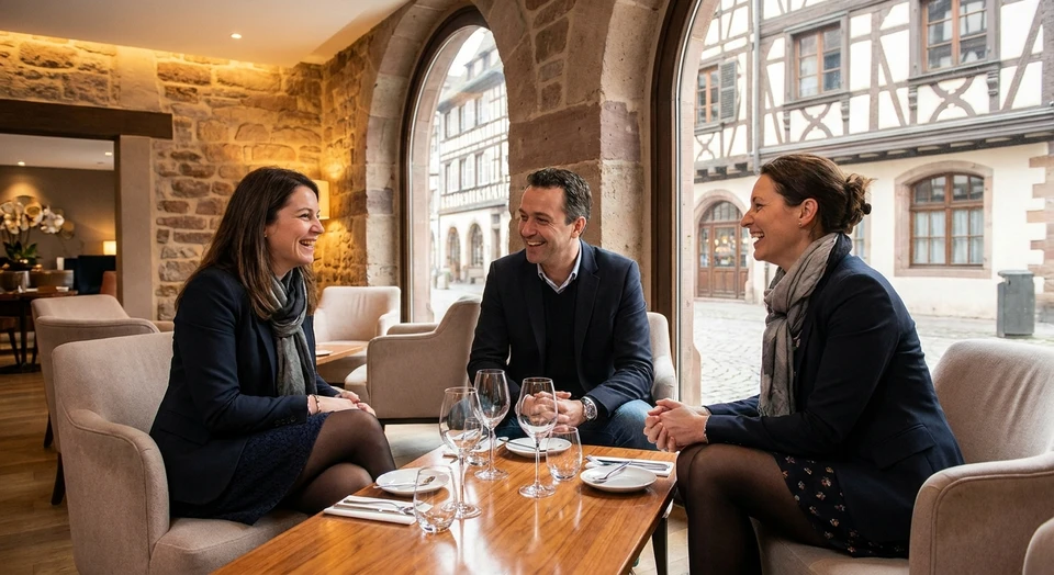 Photographie d'une ambiance événementielle chic et professionnelle : un groupe de célibataires adultes (3-4 personnes) dans un cadre élégant (bar lounge, salon, ou espace événementiel raffiné), engagés dans une conversation naturelle et détendue, souriant, vêtus élégamment mais sans formalité excessive. L'atmosphère doit être positive, accueillante et suggérer des rencontres de qualité dans un environnement sécurisé et professionnel. Pas de texte, logo ou filigrane visible.