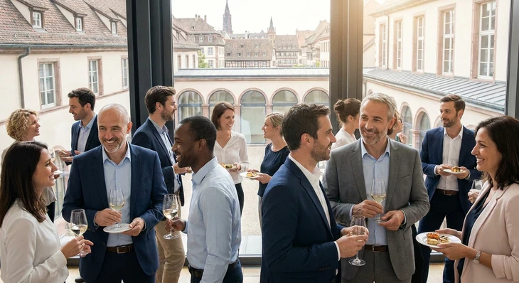 Photographie d'un événement de rencontres en cours : un groupe de personnes adultes (célibataires) dans une ambiance conviviale et chaleureuse, discutant ensemble dans un espace élégant. On peut voir des personnes se présentant, souriant, engagées dans des conversations naturelles. L'atmosphère doit être professionnelle mais décontractée, montrant l'aspect social et positif des événements de rencontres proposés par l'agence matrimoniale. La scène doit suggérer l'accès exclusif et les avantages réservés aux membres de l'agence.