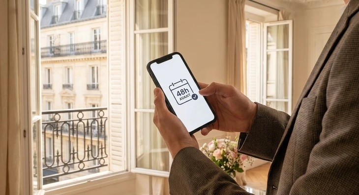 Gros plan sur un smartphone affichant l'heure 48h ou un compte à rebours, ou une notification d'accès anticipé à un événement. La personne tient l'appareil dans un environnement intérieur élégant, suggérant l'anticipation et l'avantage exclusif. Alternativement : une personne consultant un calendrier ou une invitation numérique sur son téléphone en intérieur, avec une expression satisfaite, incarnant l'accès prioritaire aux événements de l'agence matrimoniale.