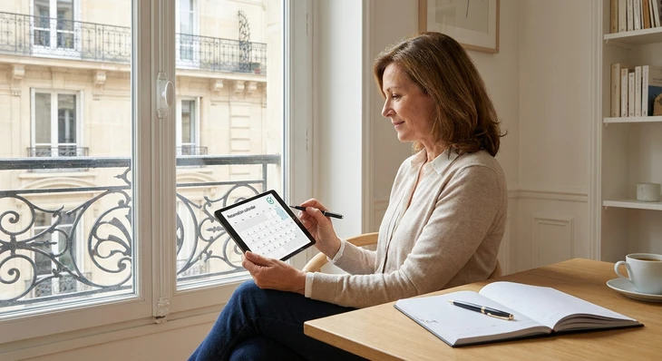 Photographie d'une femme ou d'un homme adulte, assis confortablement dans un intérieur élégant, consultant son ordinateur portable ou sa tablette avec une expression sereine et satisfaite. L'écran affiche un formulaire de réservation ou un statut de confirmation d'événement. À proximité, on peut voir un stylo ou un agenda papier, symbolisant l'organisation et la planification. L'arrière-plan doit être neutre et professionnel, avec une ambiance calme et exclusive, incarnant l'avantage de la réservation garantie et facilitée réservée aux membres premium de l'agence matrimoniale.