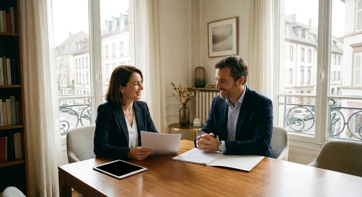 Photographie d'une conseillère professionnelle (femme ou homme adulte) en tenue professionnelle élégante, assis(e) face à un ou une client(e) adulte dans un bureau ou un espace de consultation chaleureux et raffiné. Ils examinent ensemble des profils ou des notes de rencontres sur une tablette ou du papier, dans une atmosphère bienveillante et confidentielle. La scène doit évoquer l'accompagnement personnalisé, le suivi attentif et l'aide à concrétiser les liens créés lors des événements de rencontres, tout en restant professionnelle et discrète.