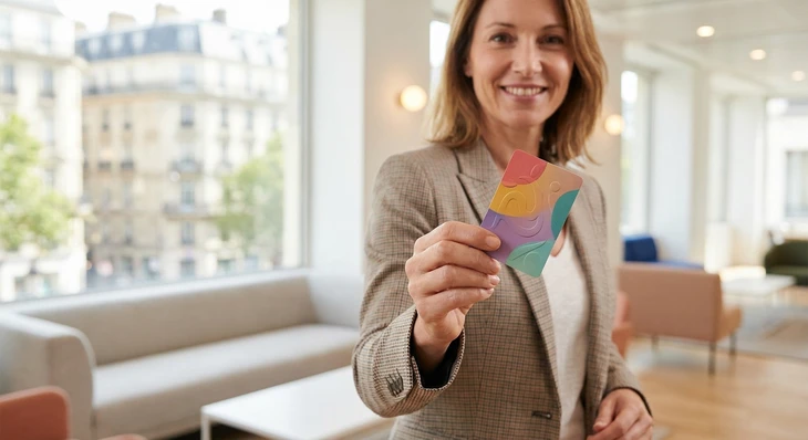 Photographie d'une personne adulte tenant une carte de membre ou une invitation premium colorée et élégante dans sa main, souriante, dans un cadre intérieur moderne et lumineux. La carte ou l'invitation doit être clairement visible et prestigieuse, symbolisant l'accès flexible et sans engagement au Club. L'arrière-plan neutre et professionnel renforce l'aspect premium et exclusif de l'offre, sans contrainte d'engagement.