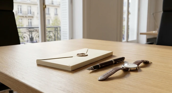 Photographie d'une enveloppe scellée élégante ou d'un document officiel (contrat d'adhésion ou lettre de bienvenue) posé sur un bureau en bois clair, accompagné d'un stylo haut de gamme et d'une montre de luxe discrète. La lumière naturelle illumine légèrement la scène, créant une atmosphère professionnelle et exclusive. L'arrière-plan montre un intérieur moderne et raffiné, évoquant l'engagement formalisé et la qualité premium de la formule 6 mois. Pas de visage de personne visible, uniquement les objets symbolisant l'engagement contractuel et l'accès premium.